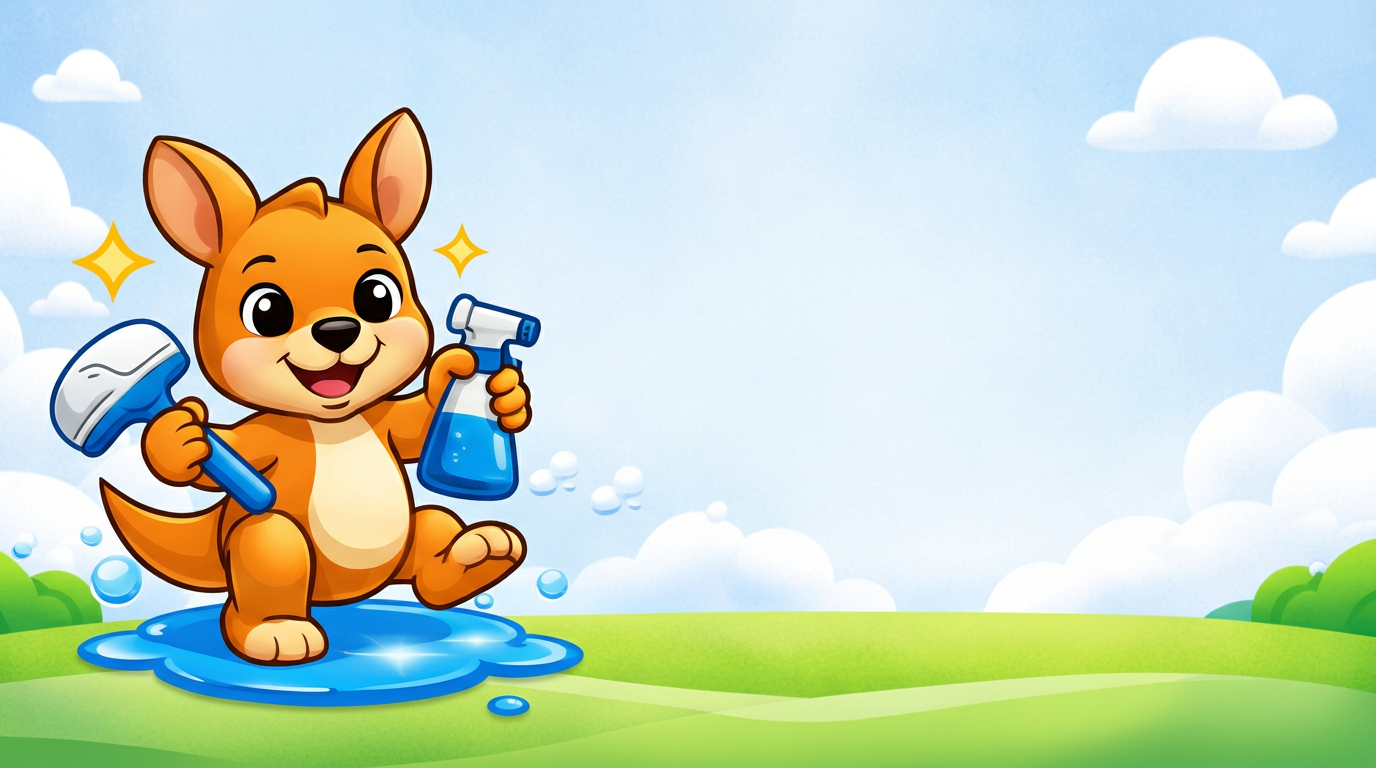 Cleanaroo kangaroo mascot with squeegee and spray bottle in a sunny meadow